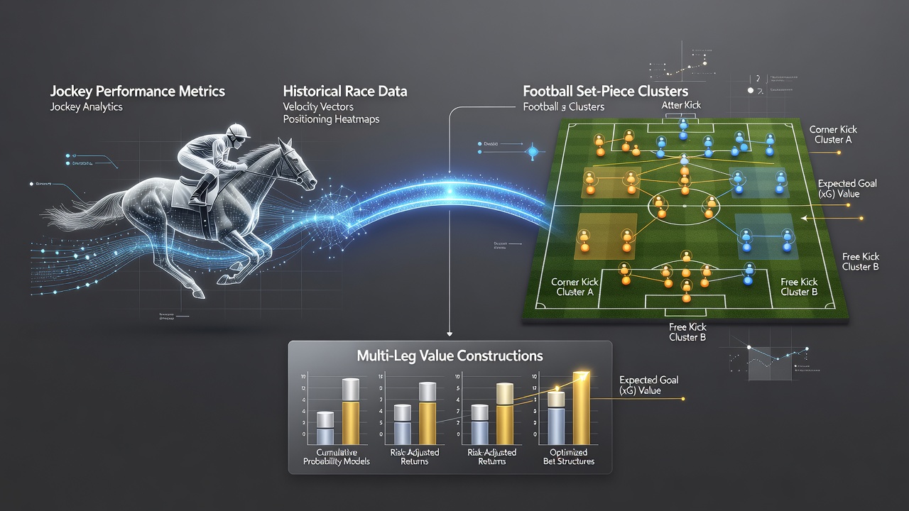 Composite visualisation of clustered set-piece data points aligned with jockey form graphs used in multi-leg betting frameworks