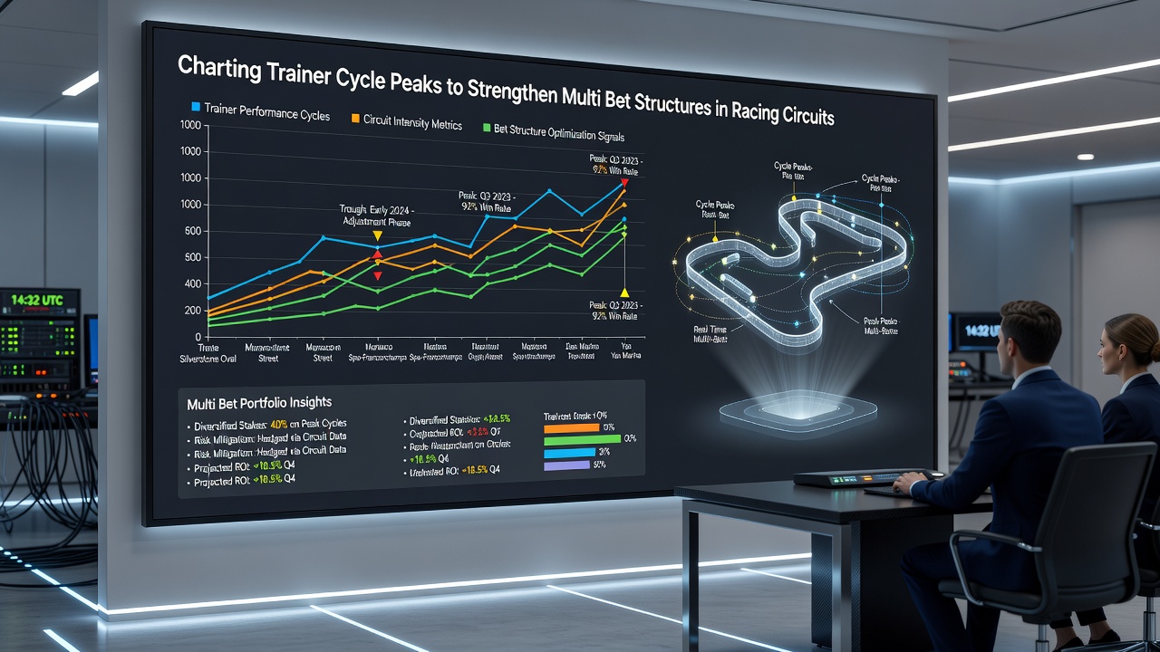 Infographic illustrating multi-bet accumulator construction using trainer cycle peaks and racing data overlays