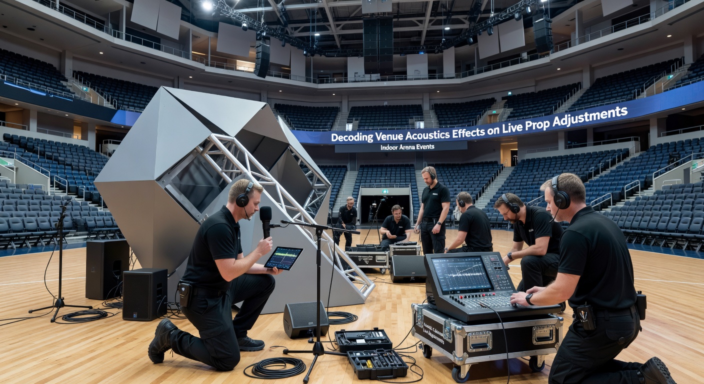 Technical crew performing prop adjustments amid acoustic monitoring setups in an arena