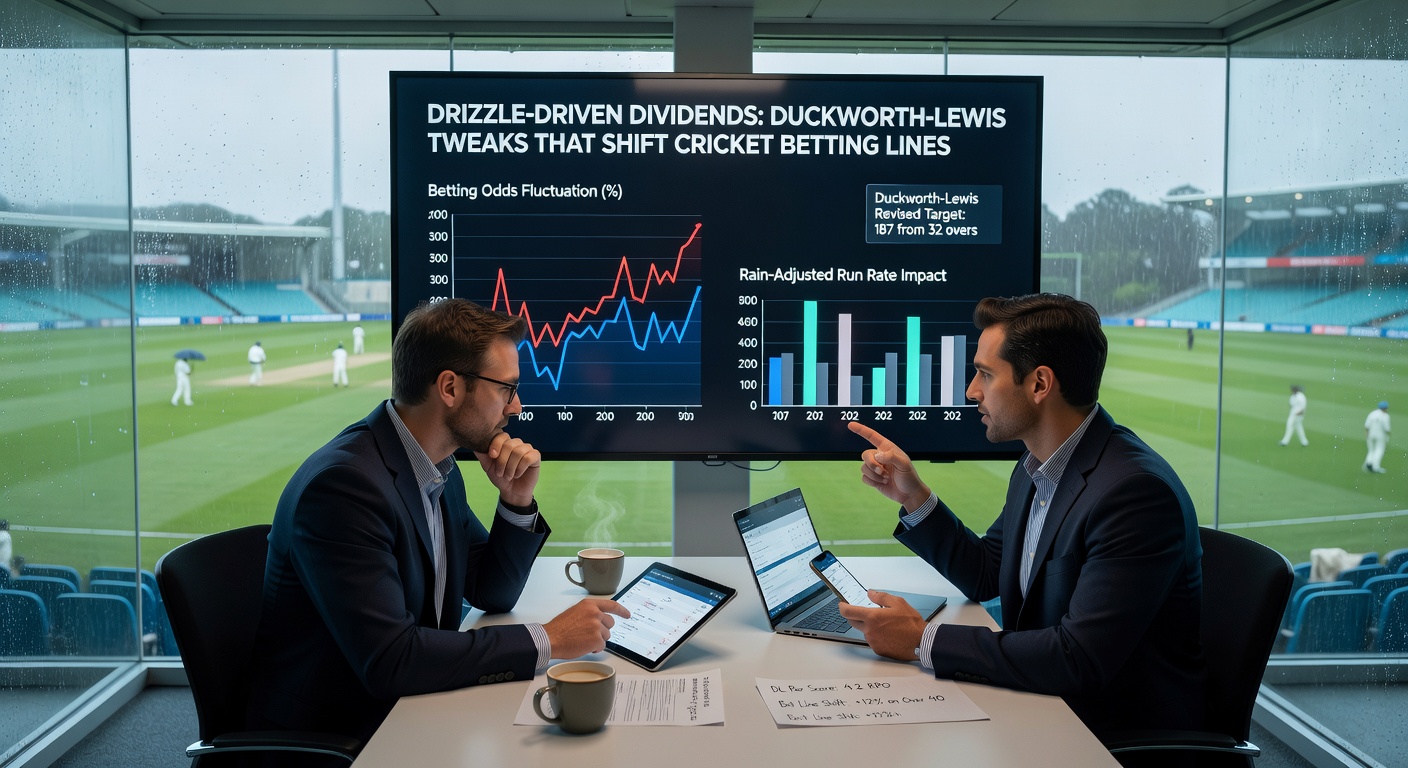 Umpires consulting DLS calculator on a tablet during a rain delay in an ODI, with betting odds overlays showing line shifts