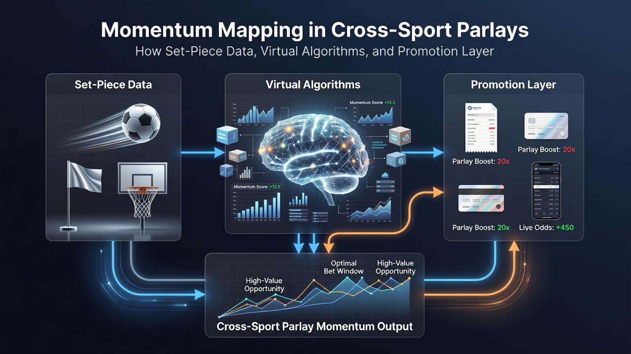 Diagram showing data flow between set-piece analytics, virtual simulation outputs, and promotional layer adjustments in parlay construction