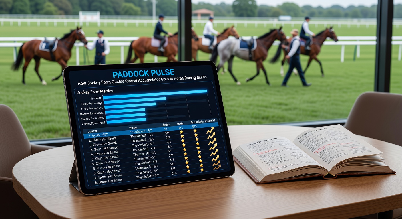 Jockey reviewing form guide in the paddock before a major race, highlighting key stats on a tablet
