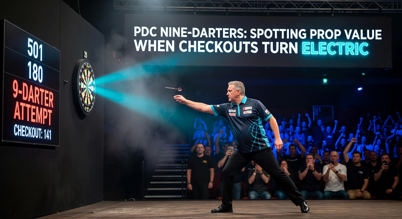 A dramatic moment in PDC darts where a player lines up a potential nine-darter checkout, crowd erupting in anticipation