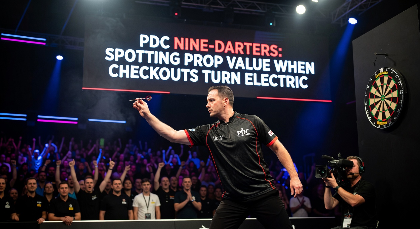 Luke Humphries celebrating a nine-darter in a PDC event, dartboard showing the perfect checkout amid flashing lights