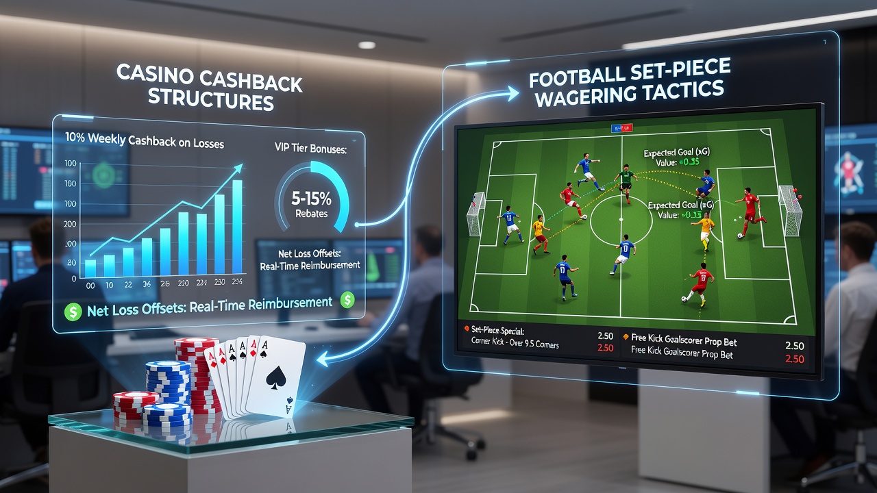 Casino interface showing cashback balance alongside football betting slip with set-piece selections