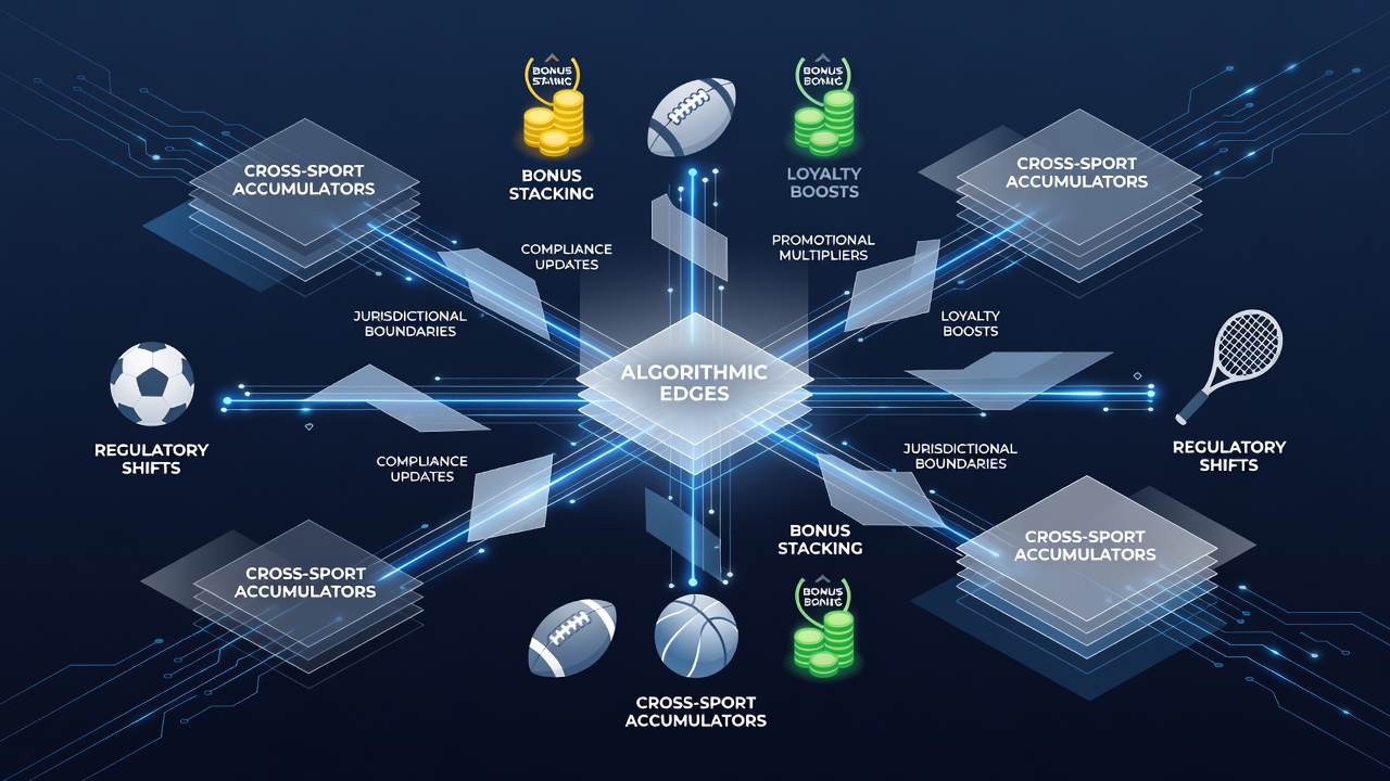 Flowchart illustrating bonus stacking sequences applied to cross-sport accumulator bets with regulatory impact markers