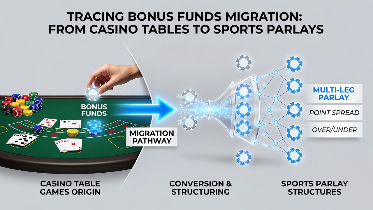 Sports parlay ticket interface displaying layered bet structures funded from casino balances