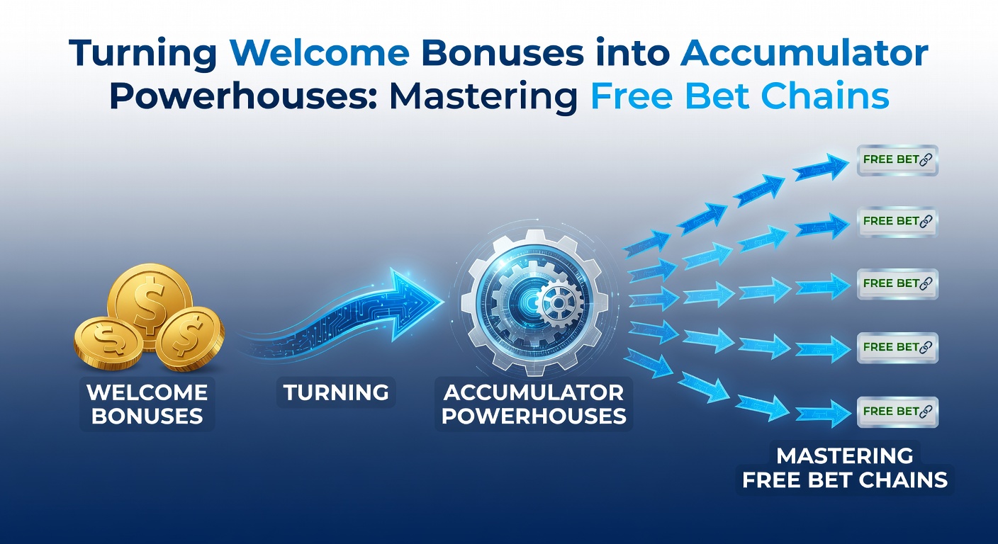 Close-up of a bet slip evolving through free bet stages, with arrows showing progression from welcome bonus to multi-leg accumulator payout