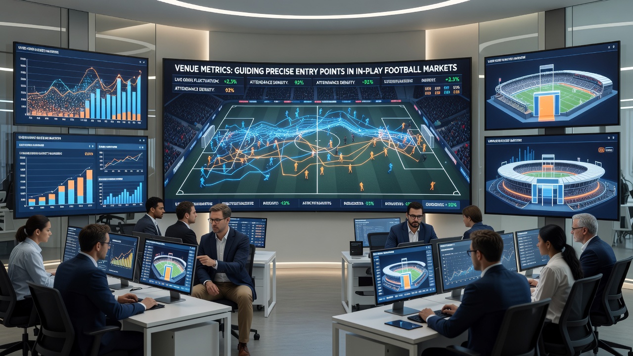 Live football match action with venue metric overlays indicating optimal betting entry zones based on stadium data