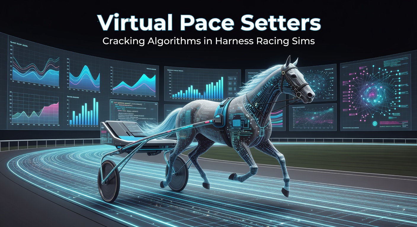 Screenshot of a virtual harness racing simulation displaying pace-setting horses pulling ahead in a digital track race under simulated night lights