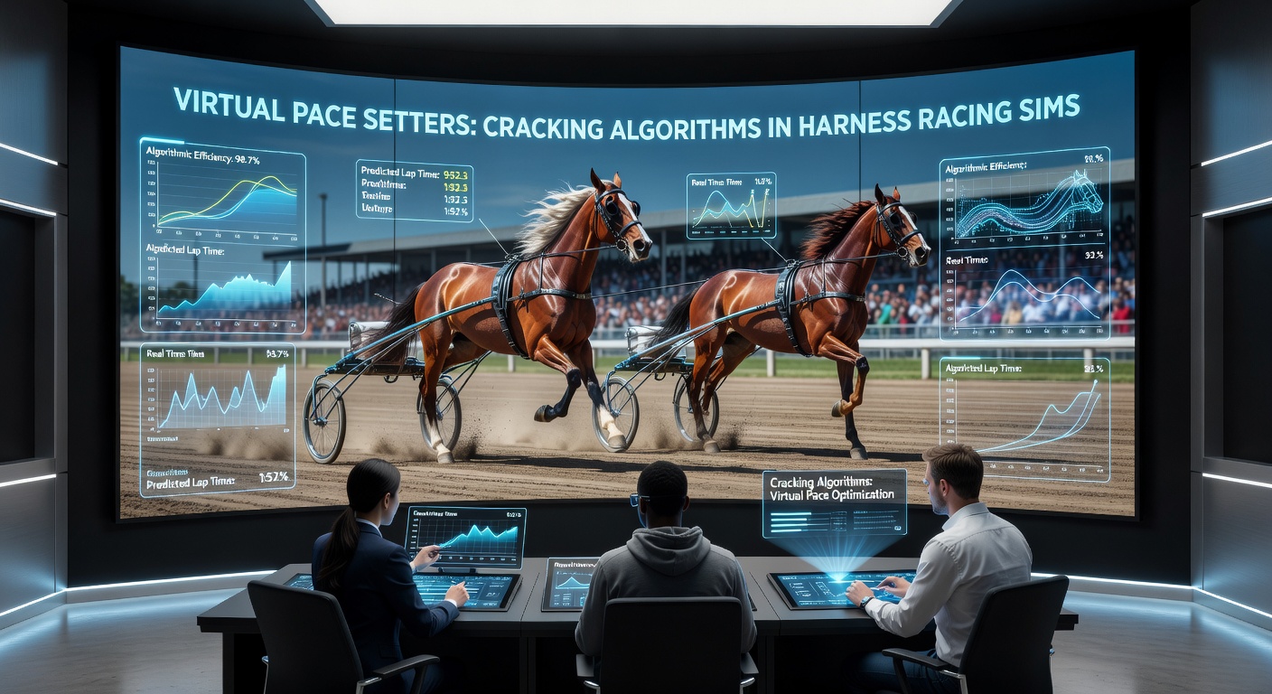Close-up of algorithm visualization in a harness racing sim, with data overlays showing pace setter trajectories and probability heatmaps
