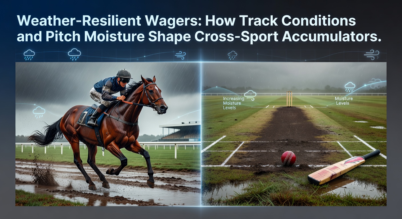 Rain-soaked horse racing track with jockeys navigating muddy conditions during a race, highlighting weather's impact on betting outcomes